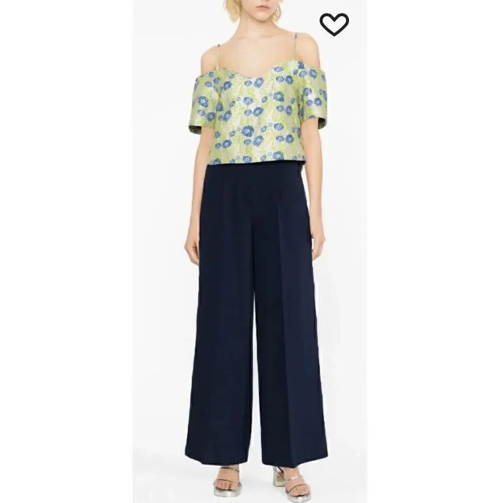 GANNI Floral Jacquard Off-Shoulder Blouse in Oyster Grey/Green/Blue NWT Size 42/